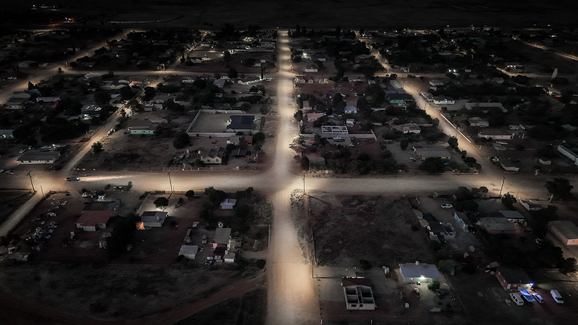 Foto con dron de renovación masiva de alumbrado Público en San Quintín Baja California